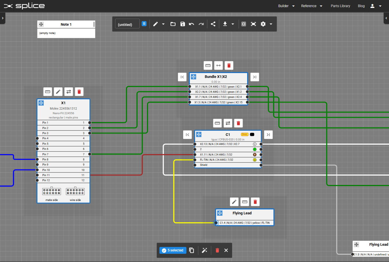 Multiple items selected with blue drag handles visible.