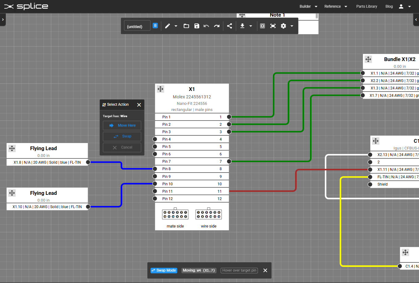 Target pin already has a connection; option to swap or move appears.